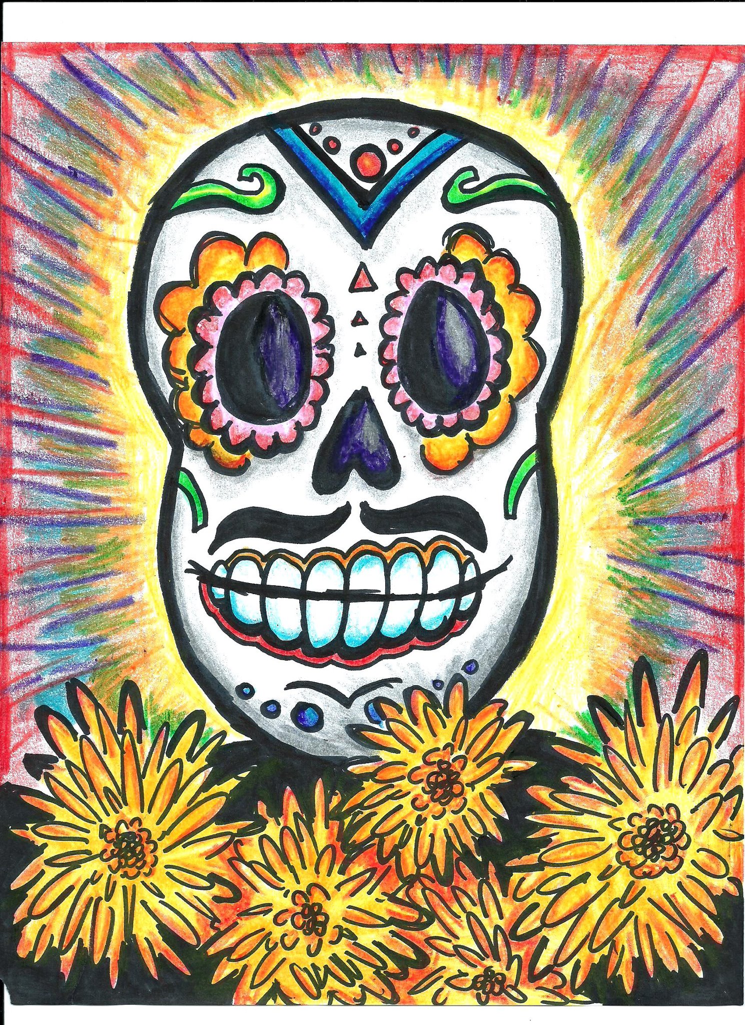 This is drawing of a skull, a popular symbol for Day of the Dead. 